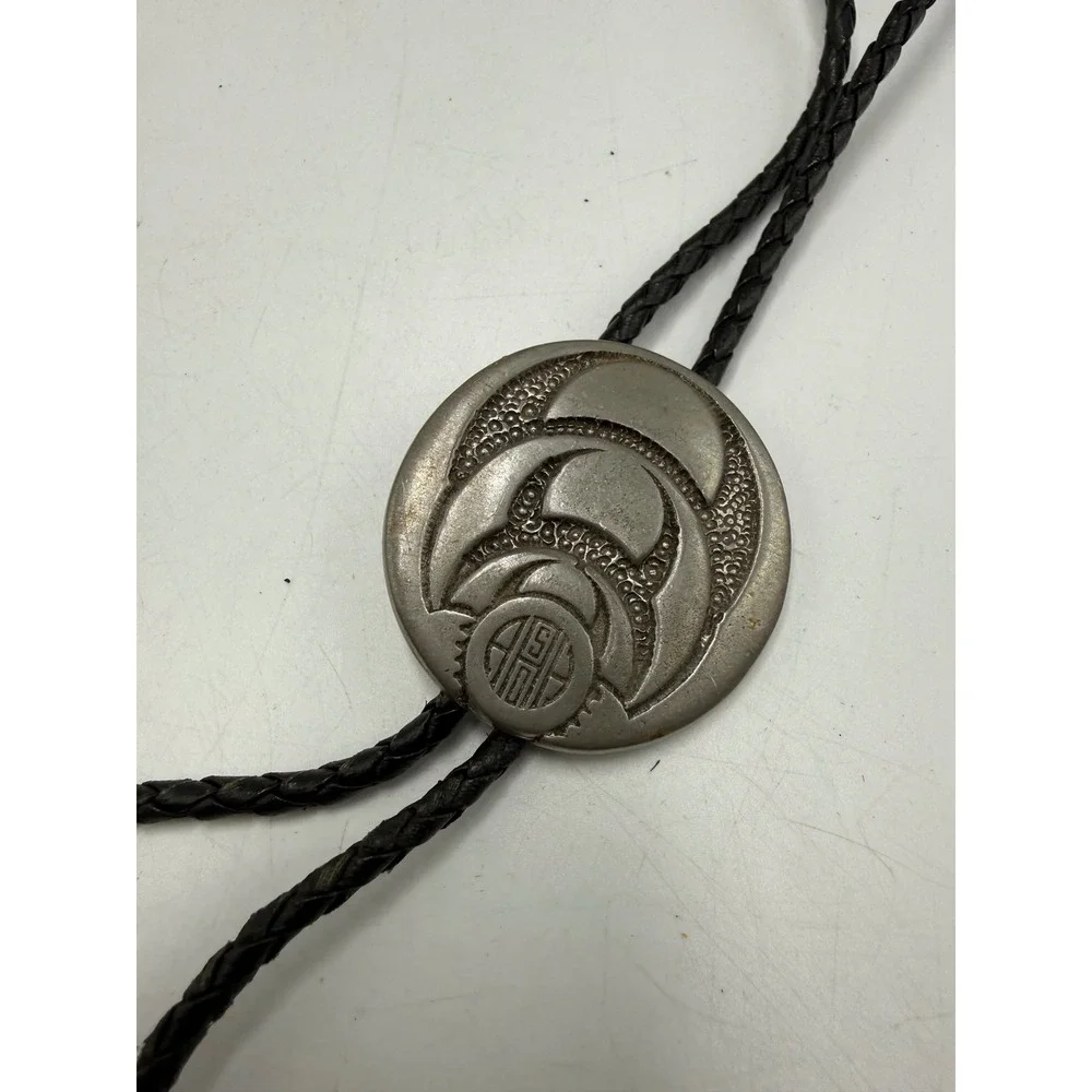 Vintage Abstract Crescent Moon Bolo Tie Black Braided Cord Silver Tone Western